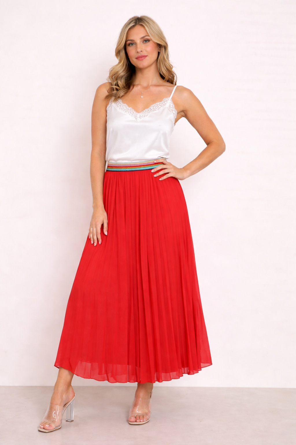 Pleated MAXI skirt with rainbow waistband