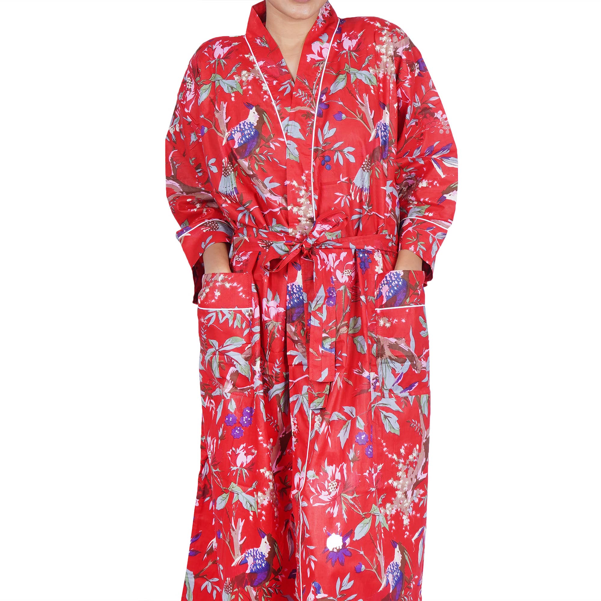 Cotton kimono dressing gown robe -red tropical birds print