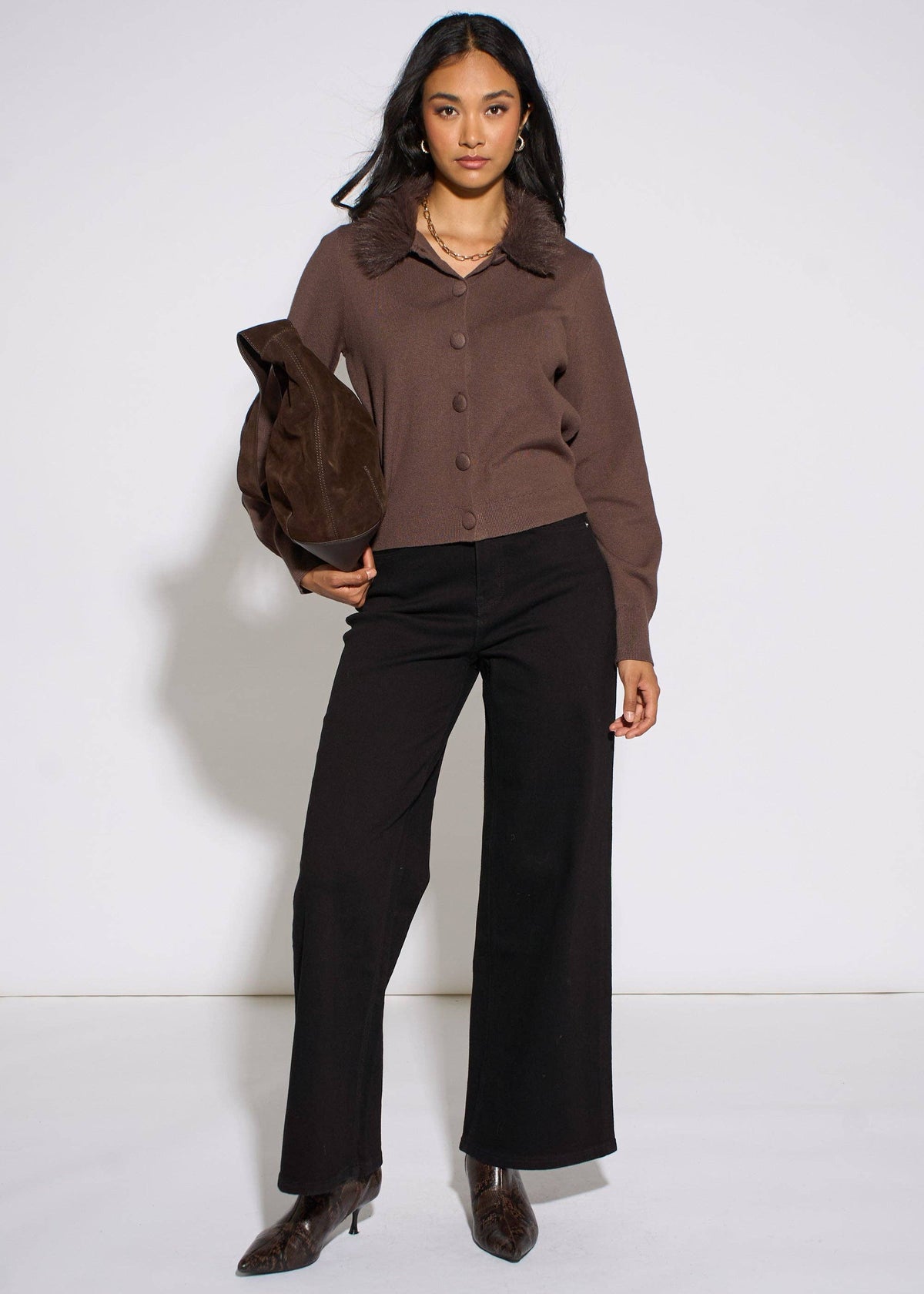 Brown fur trim cardigan