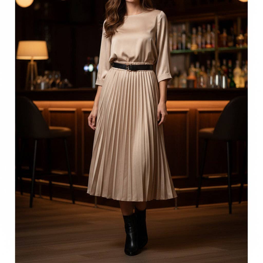 Sateen pleated belted midaxi skirt