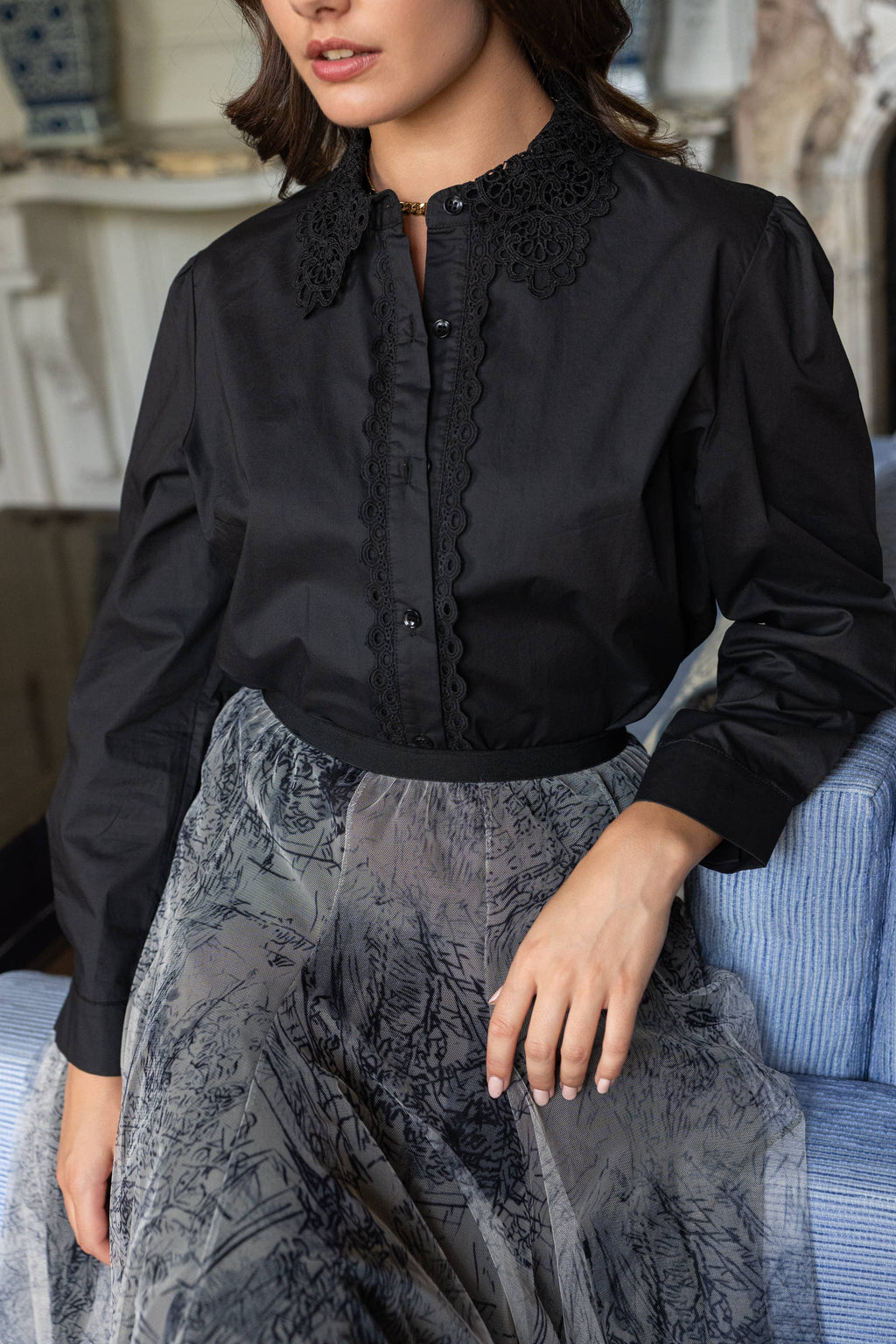 Victorine black cotton blouse with embroidered collar
