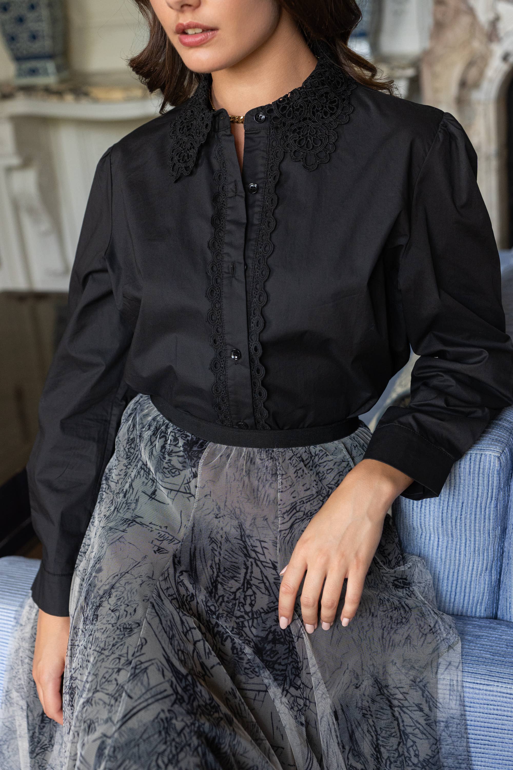 Victorine black cotton blouse with embroidered collar
