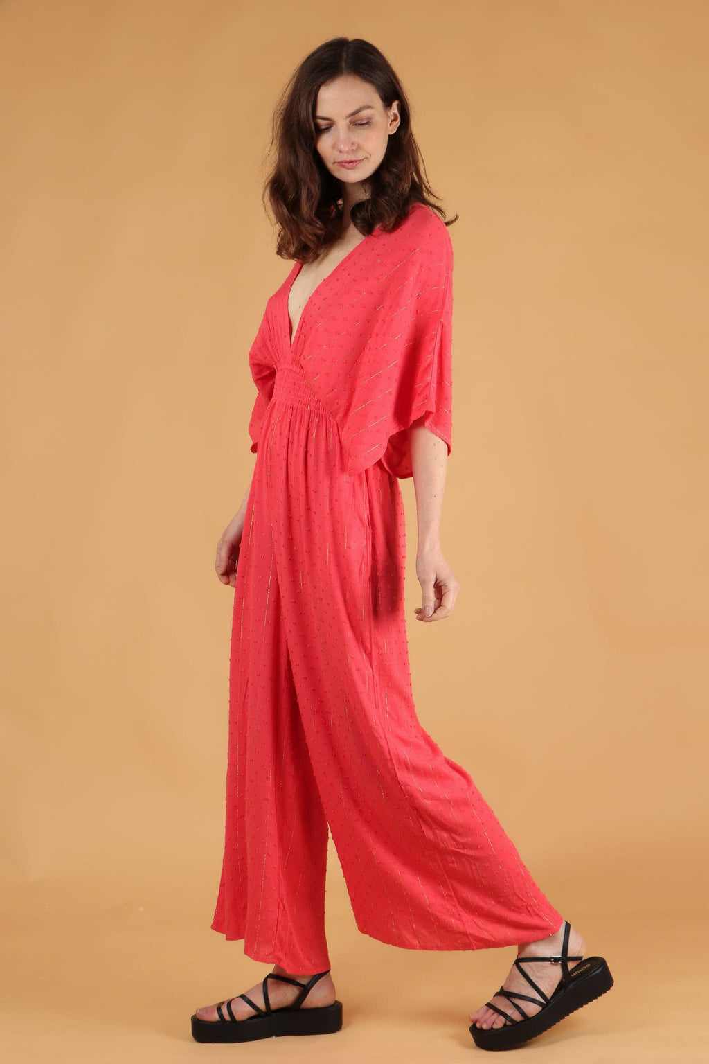 Deep V Jumpsuit - Coral/Orange with Fine Gold Stripe