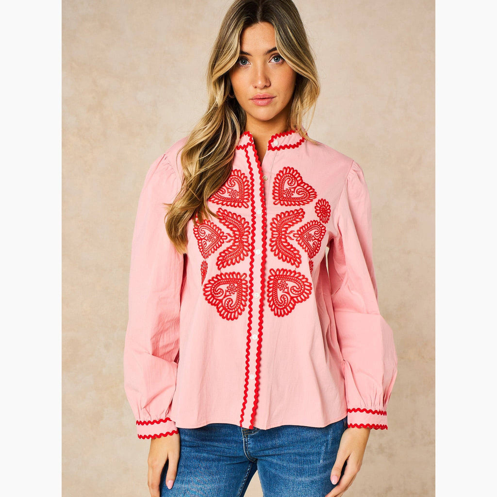 Embroidered hearts cotton shirt in pink