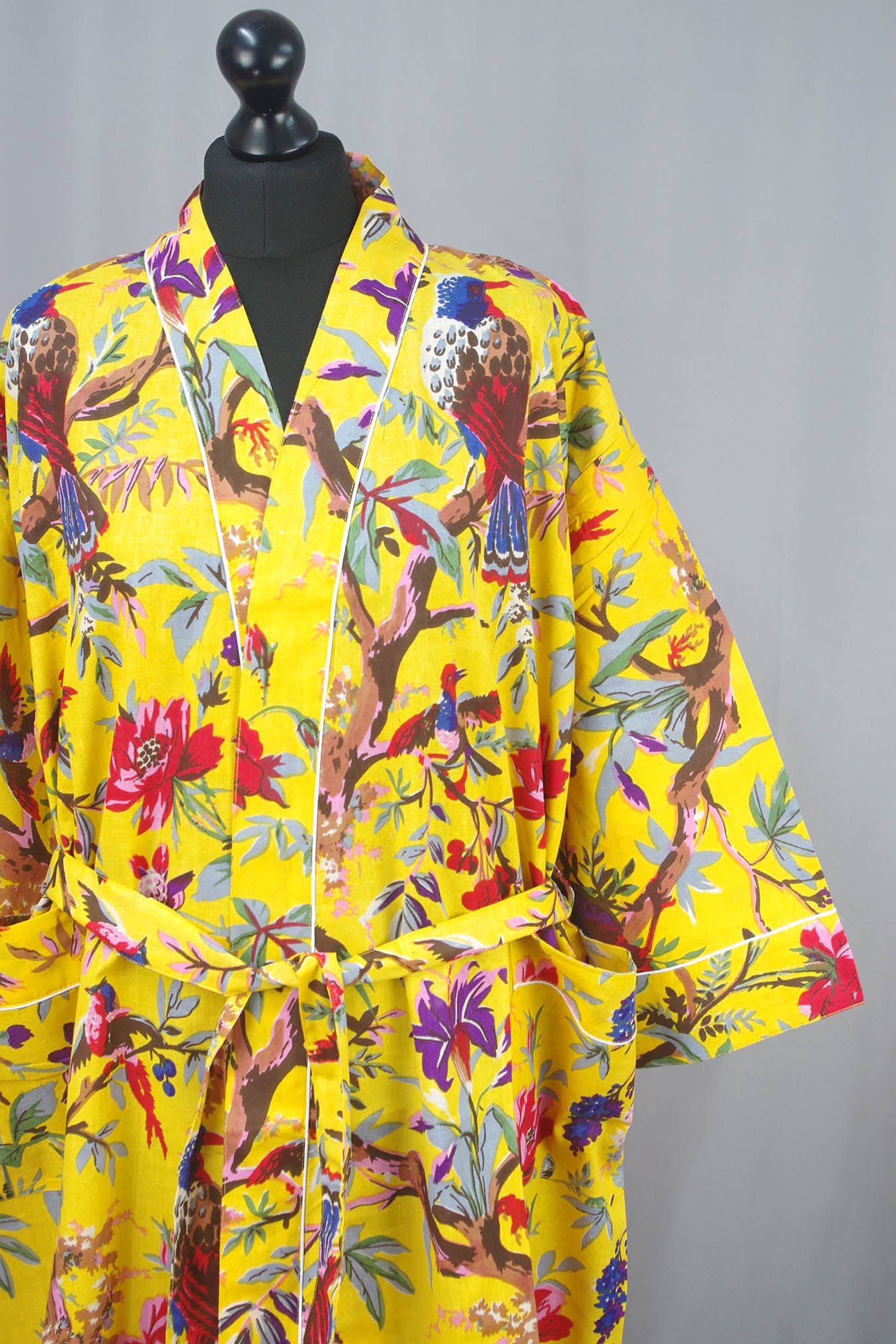 Cotton kimono dressing gown - yellow birds