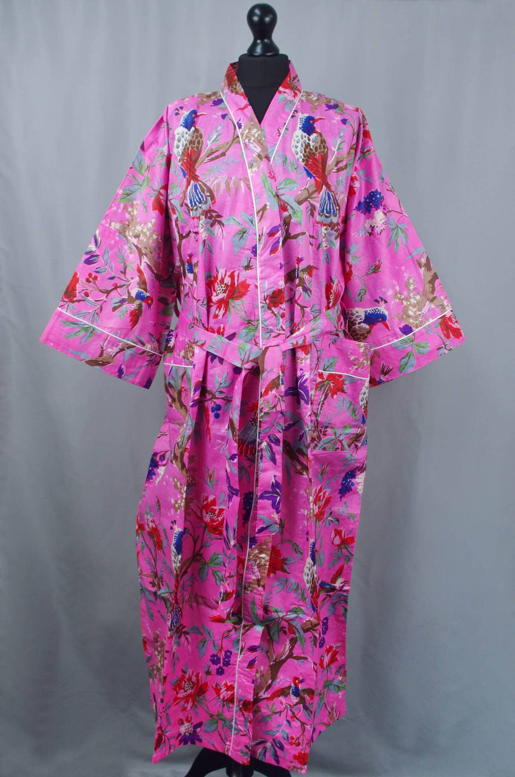 Cotton kimono dressing gown robe -pink tropical birds print