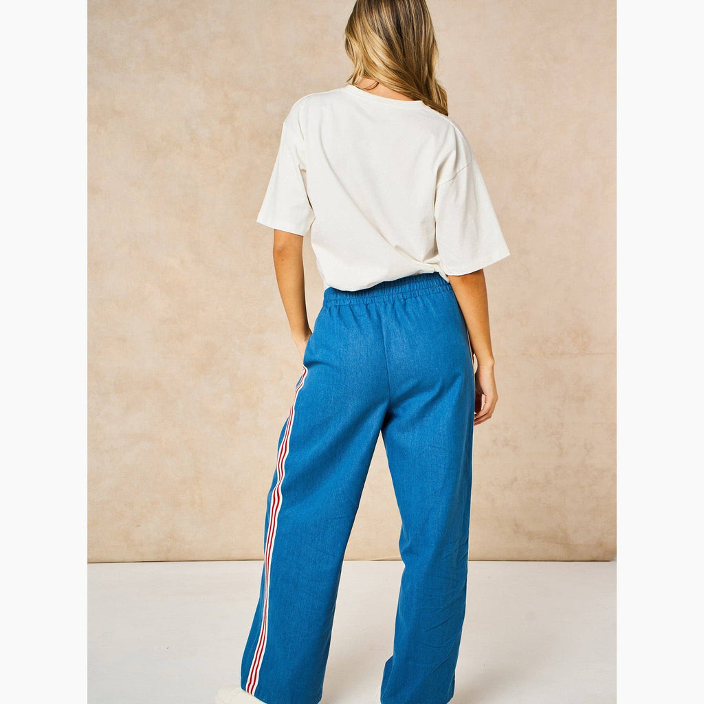 Striped trim wide leg denim trouser