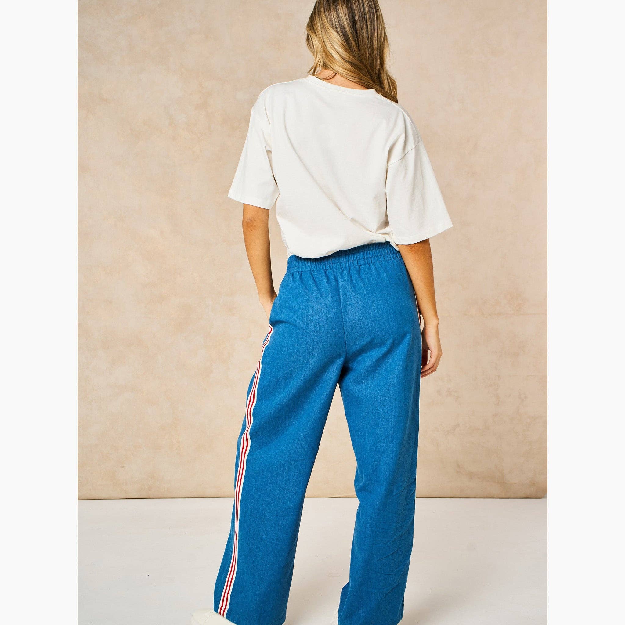 Striped trim wide leg denim trouser