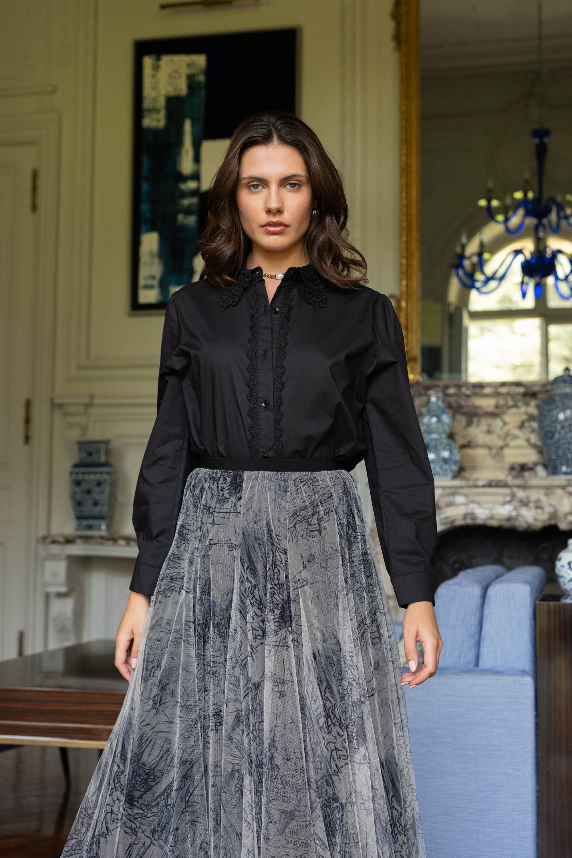 Victorine black cotton blouse with embroidered collar