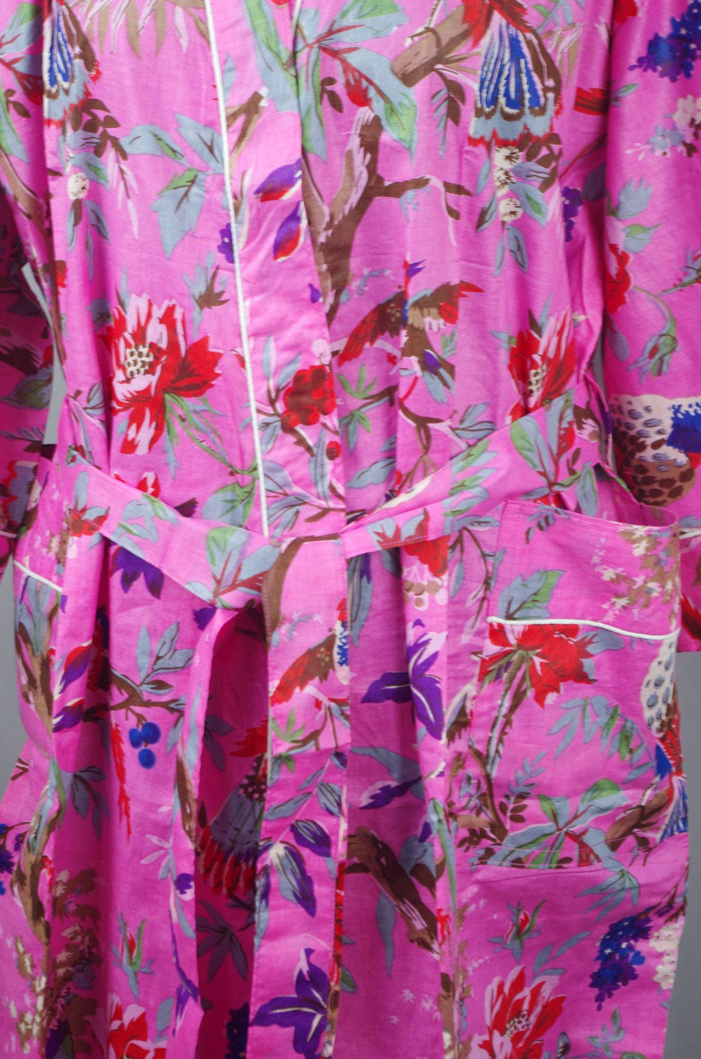 Cotton kimono dressing gown robe -pink tropical birds print