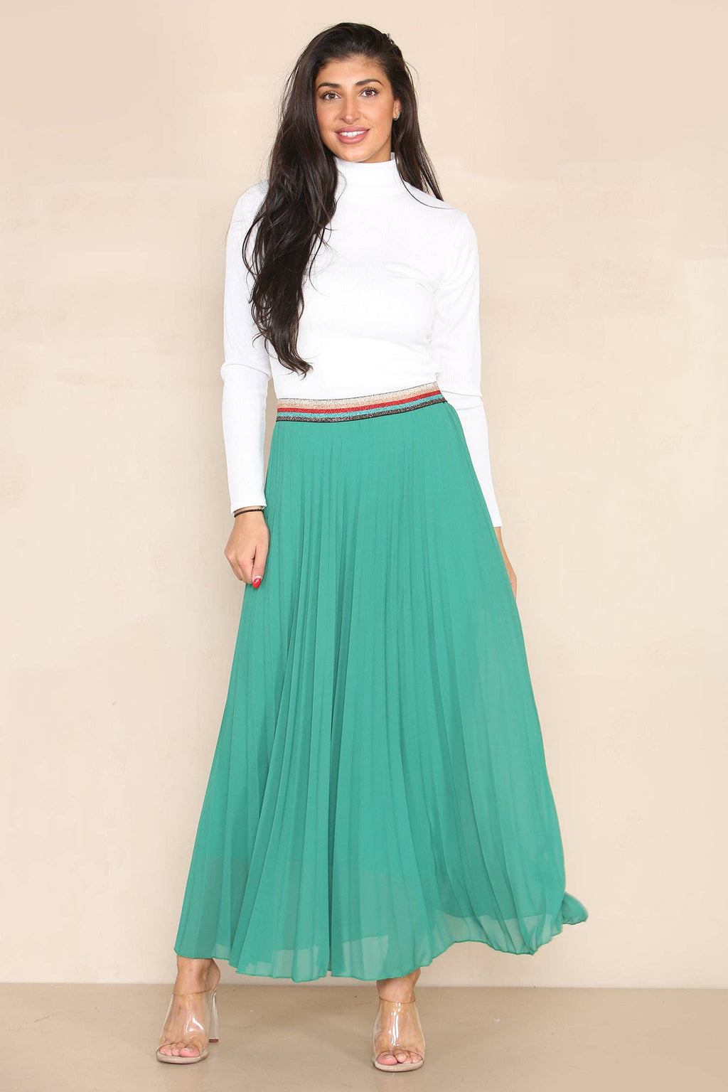 Pleated MAXI skirt with rainbow waistband