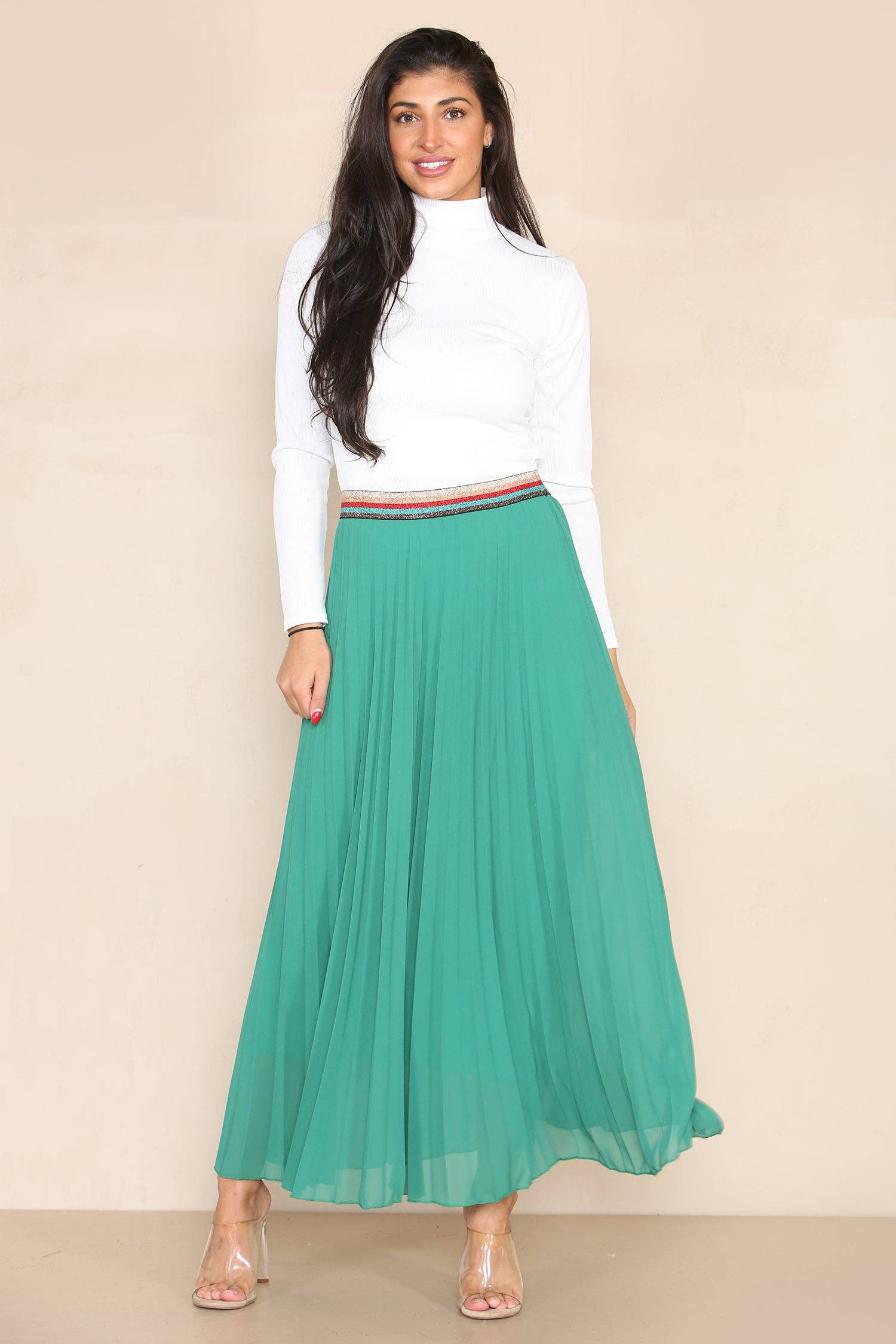 Pleated MAXI skirt with rainbow waistband