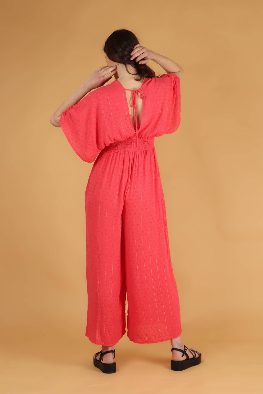 Deep V Jumpsuit - Coral/Orange with Fine Gold Stripe