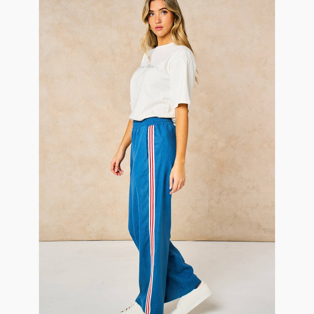 Striped trim wide leg denim trouser