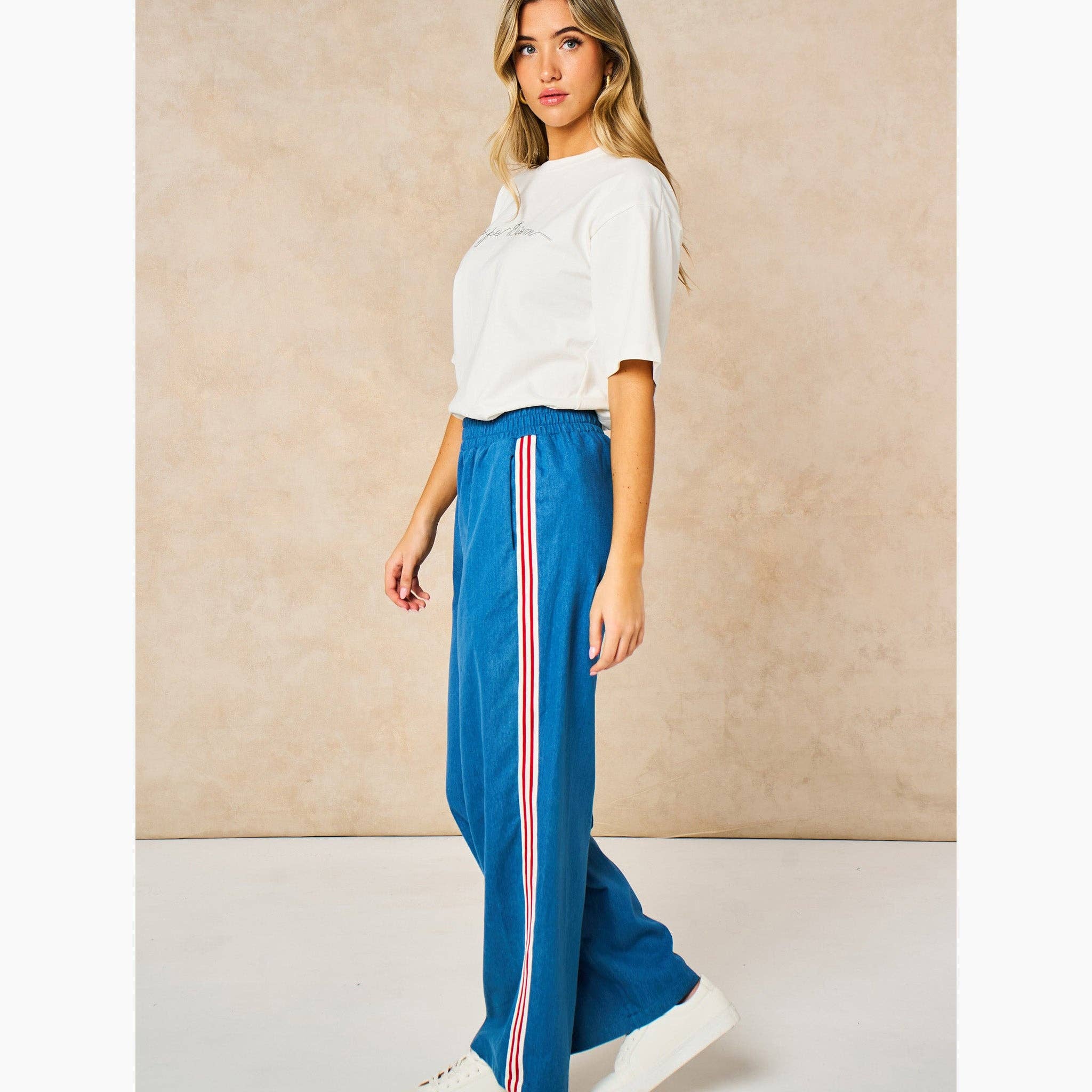 Striped trim wide leg denim trouser