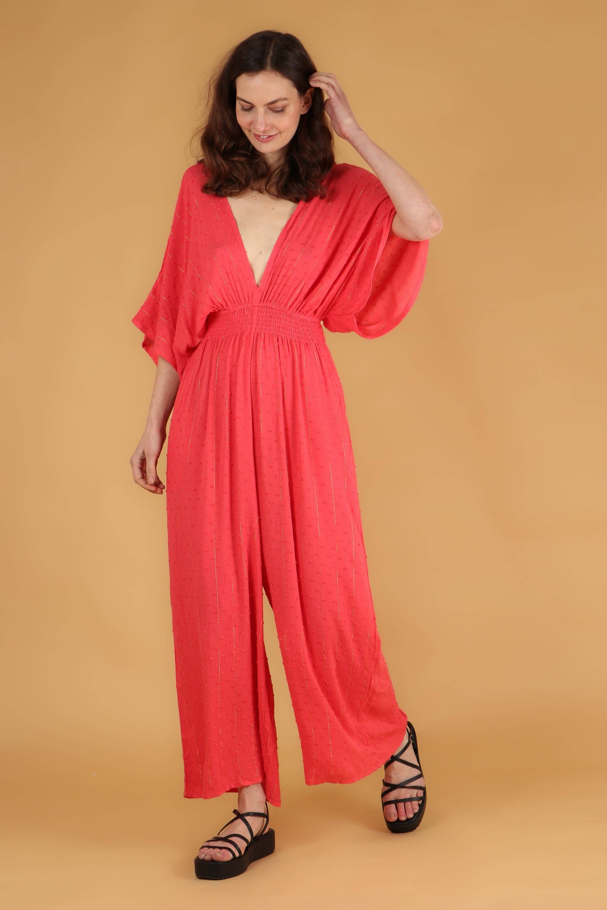 Deep V Jumpsuit - Coral/Orange with Fine Gold Stripe