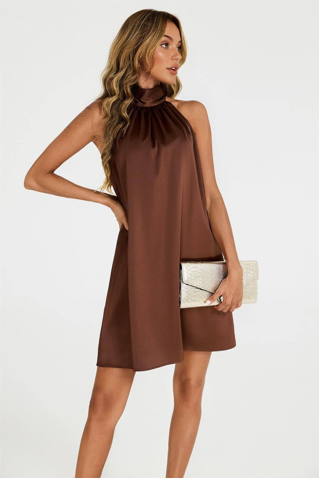 Satin halter neck tie back mini dress