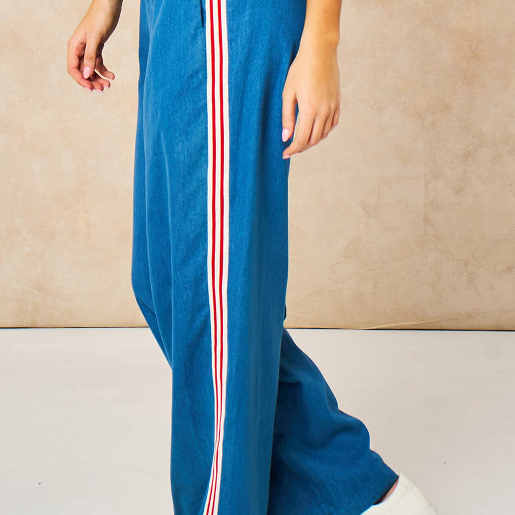 Striped trim wide leg denim trouser