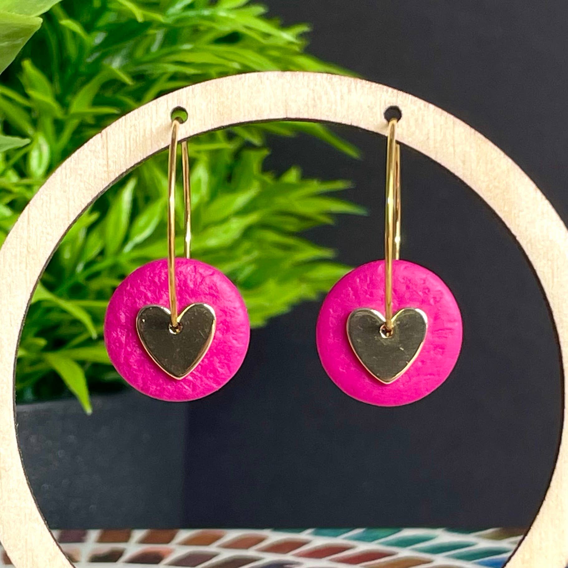 Mini gold heart polymer clay hoop earrings