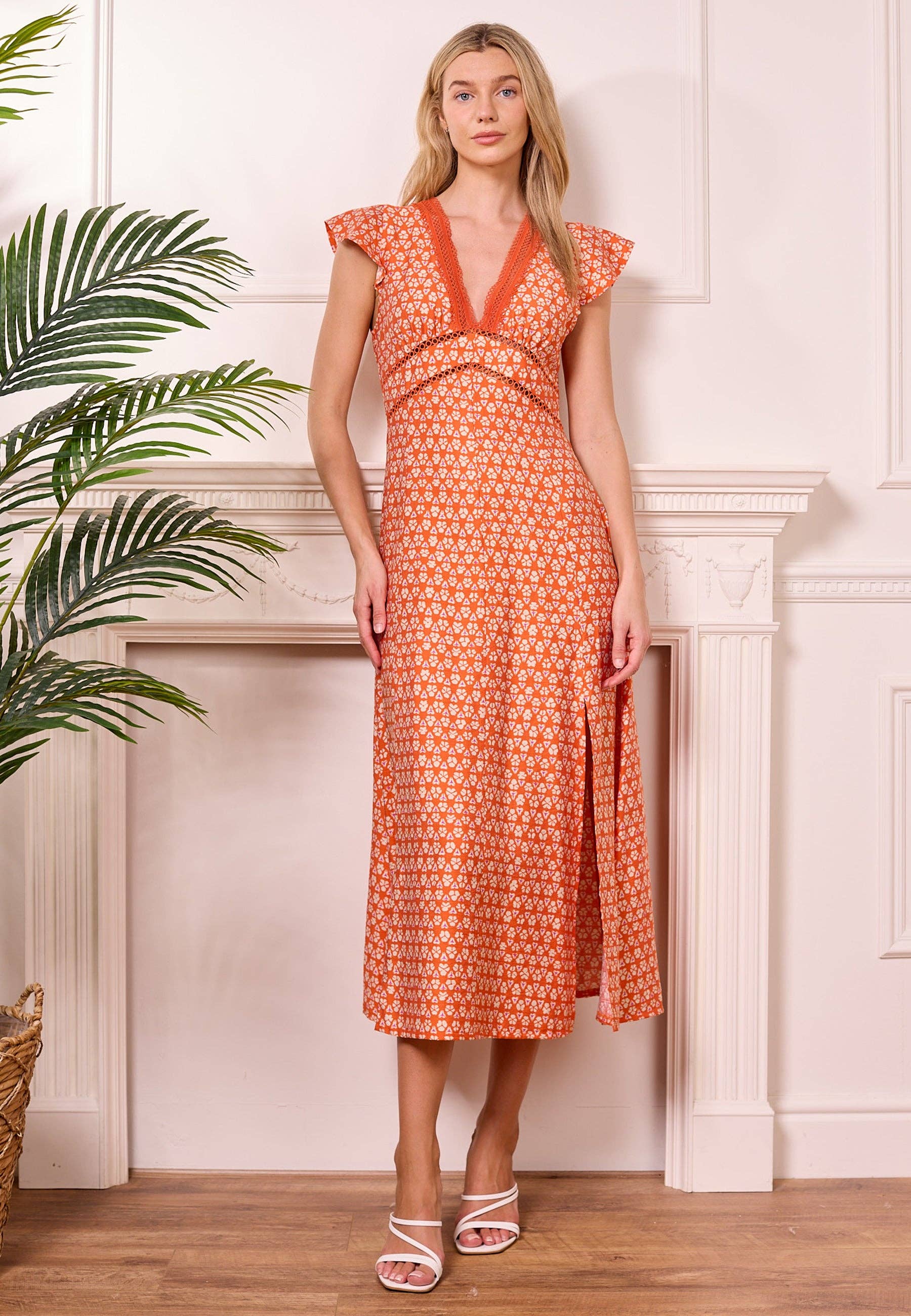 Midi boho orange dress with slit
