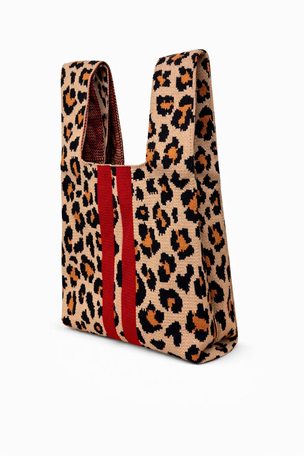 Scarlet stripe leopard - knitted tote bag