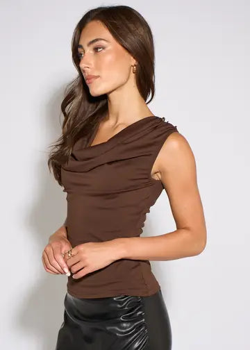 Cowl neck top with gold button detail