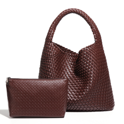 Brown woven handbag and matching purse / bag on a white background