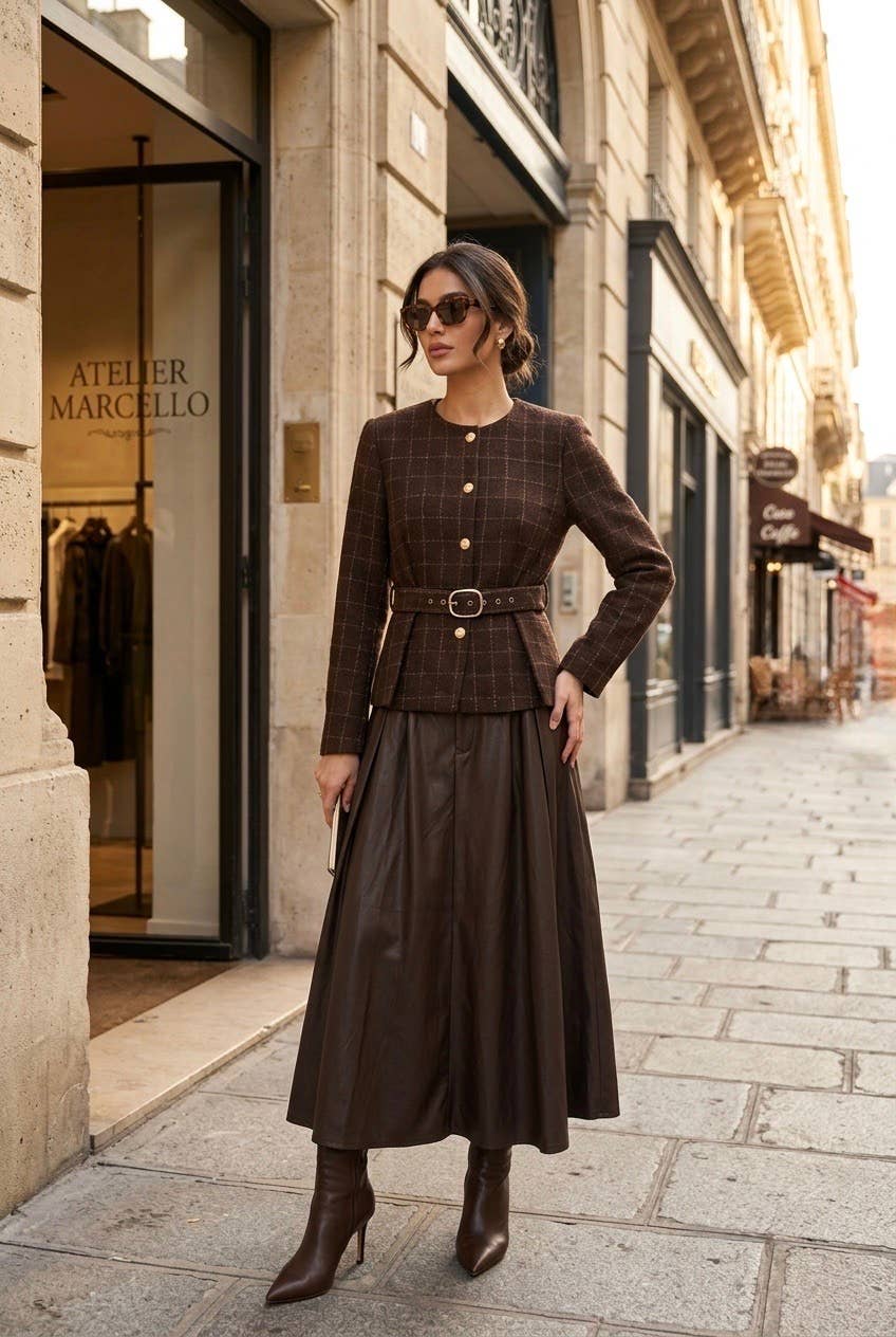 Women's long faux leather skirt - Chocolate