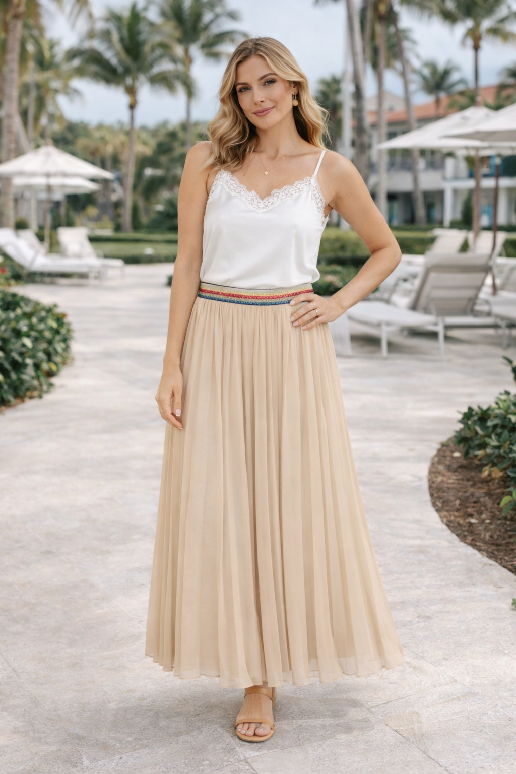 Pleated MAXI skirt with rainbow waistband