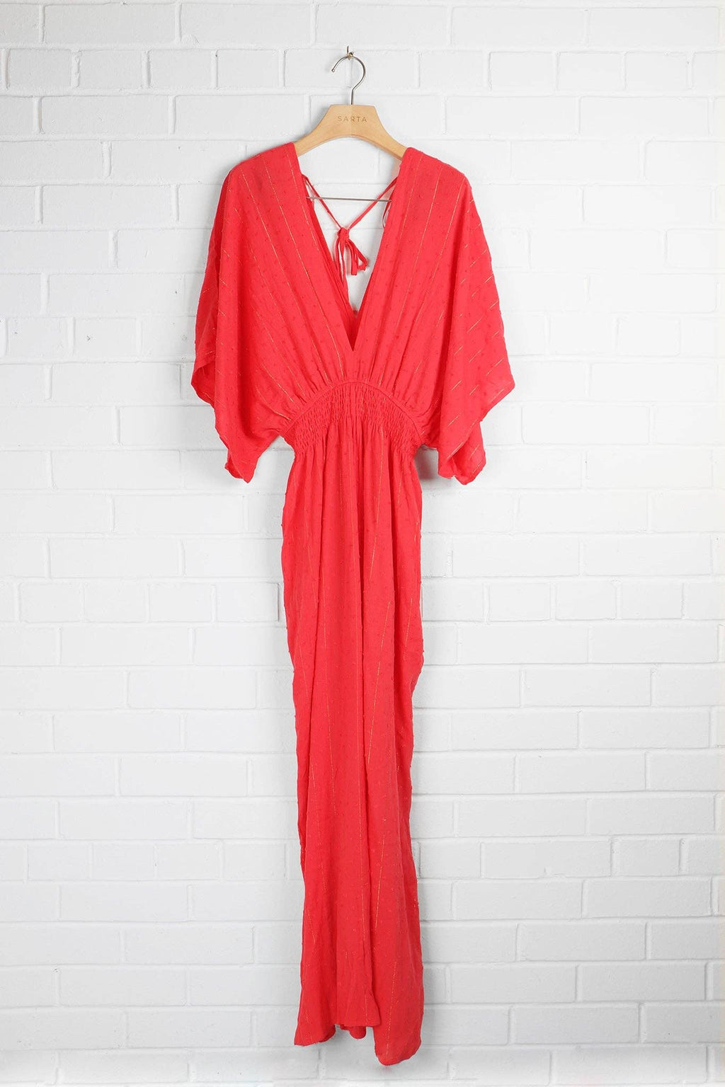 Deep V Jumpsuit - Coral/Orange with Fine Gold Stripe