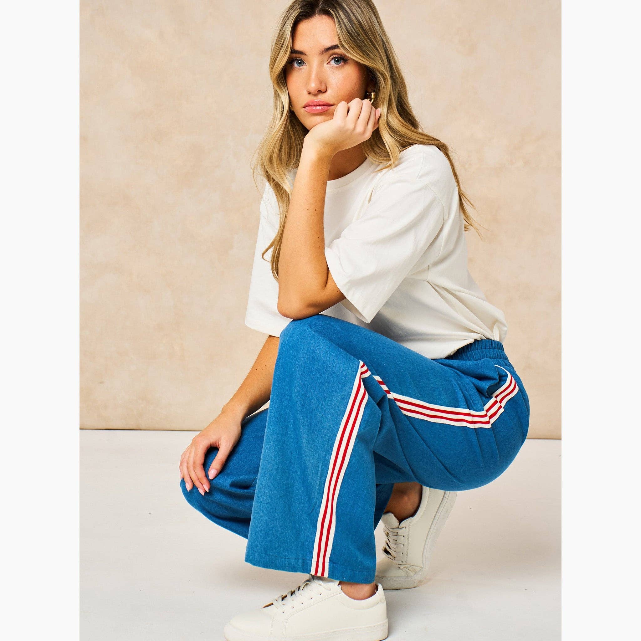 Striped trim wide leg denim trouser
