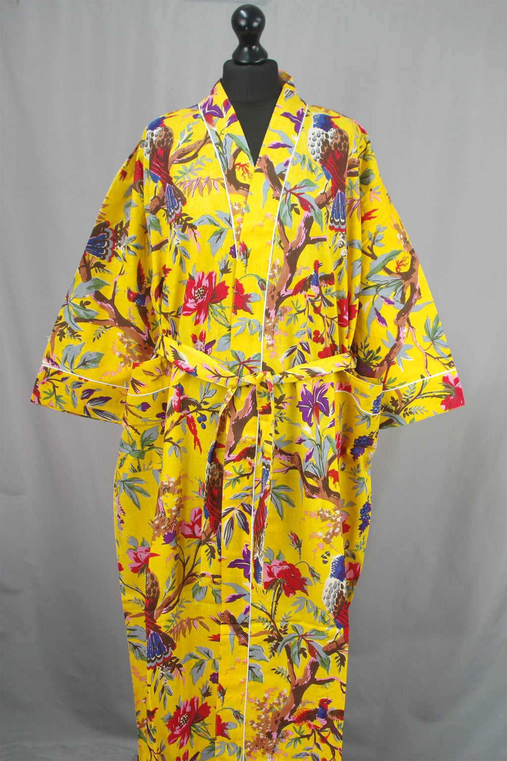 Cotton kimono dressing gown - yellow birds