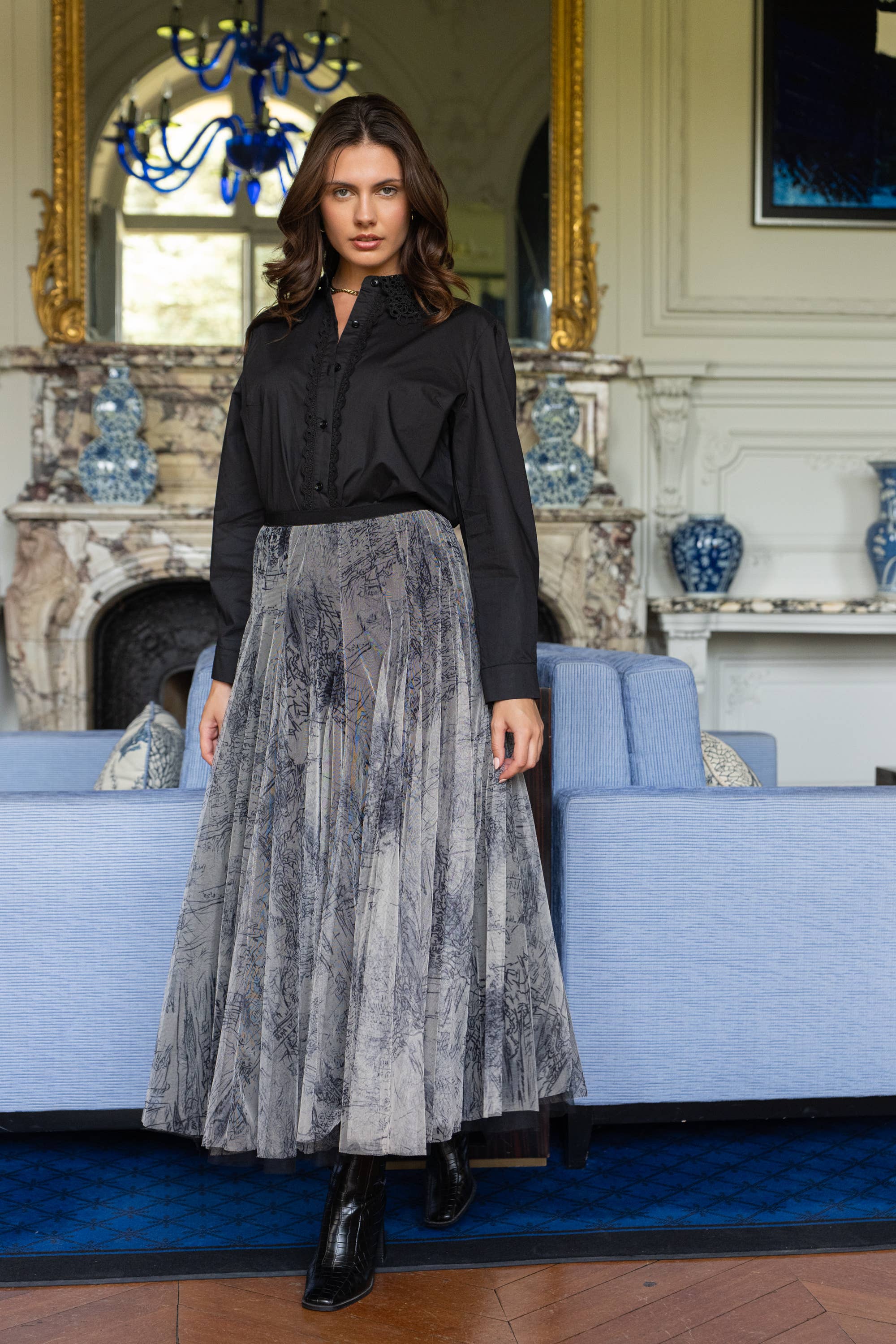 Victorine black cotton blouse with embroidered collar