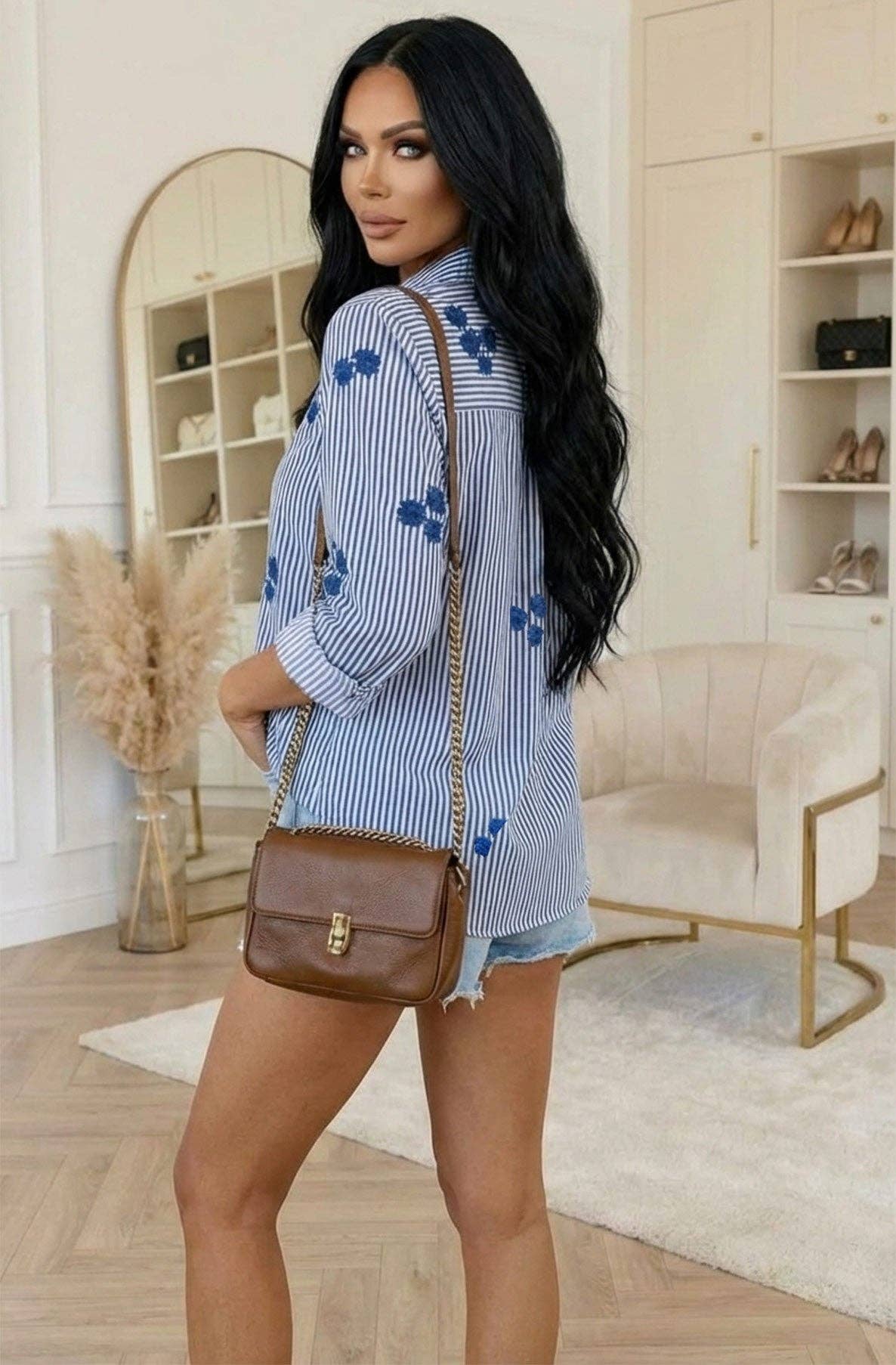 Striped floral appliqué look long sleeve shirt