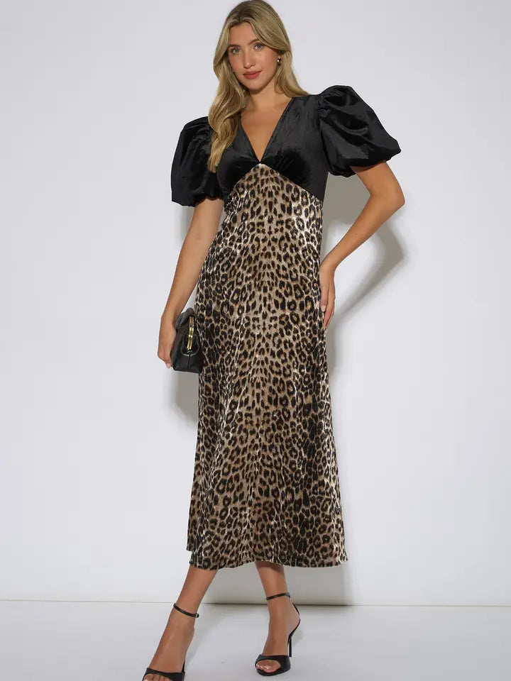 Black animal velvet contrast Midi dress