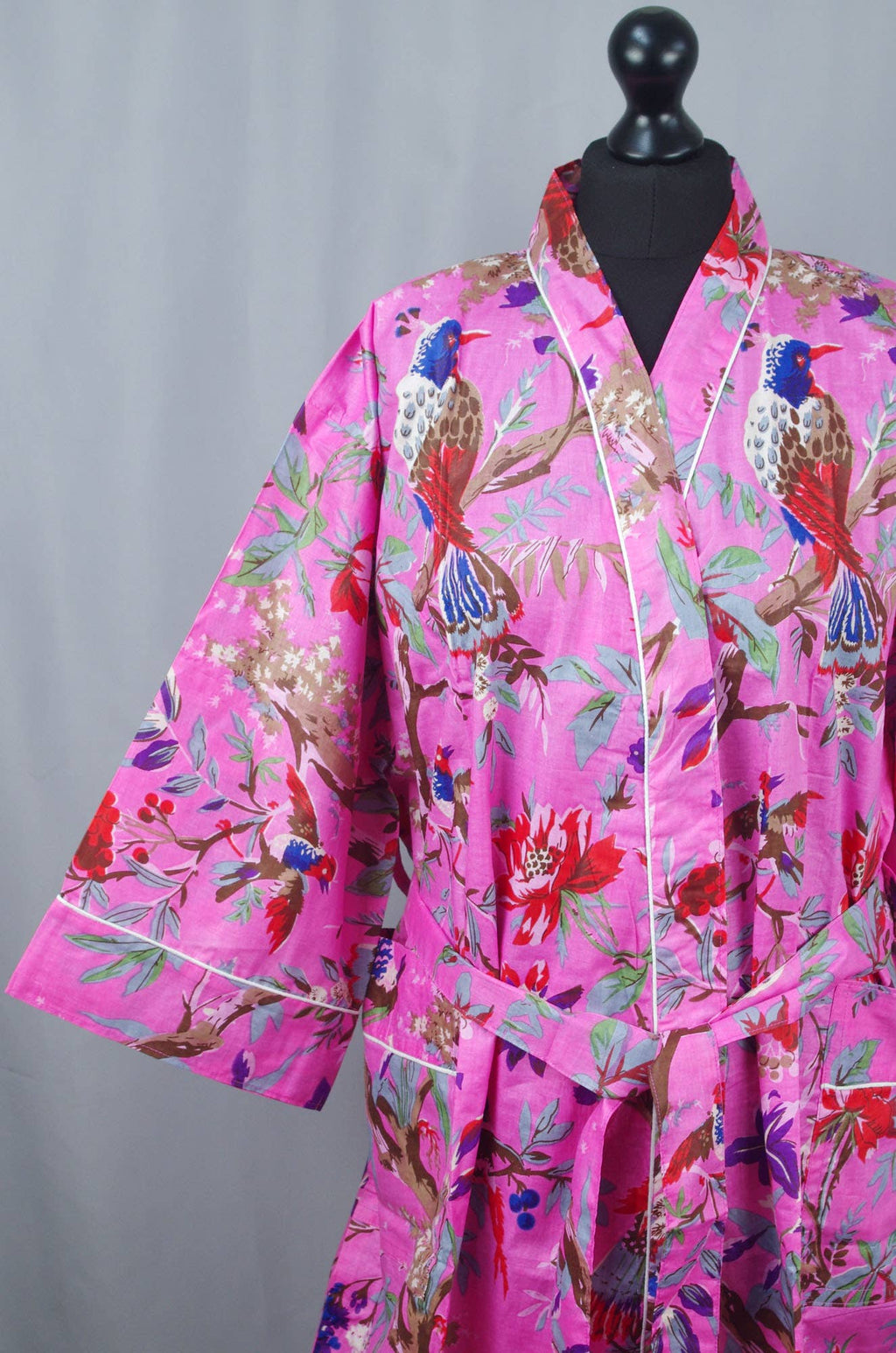 Cotton kimono dressing gown robe -pink tropical birds print