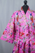 Cotton kimono dressing gown robe -pink tropical birds print