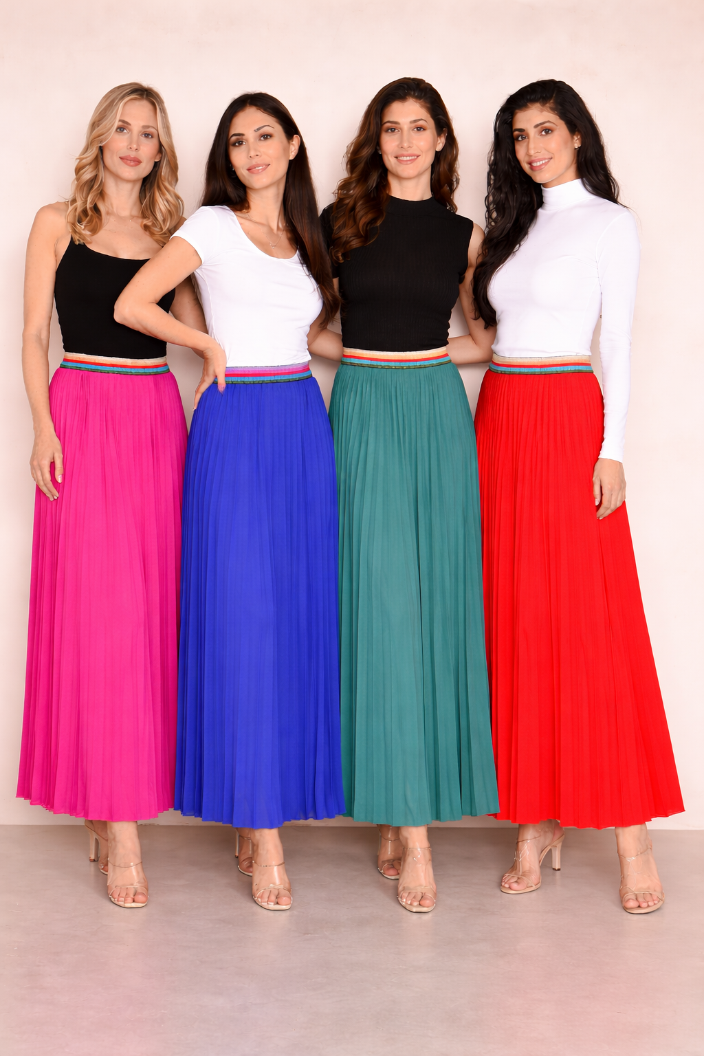Pleated MAXI skirt with rainbow waistband