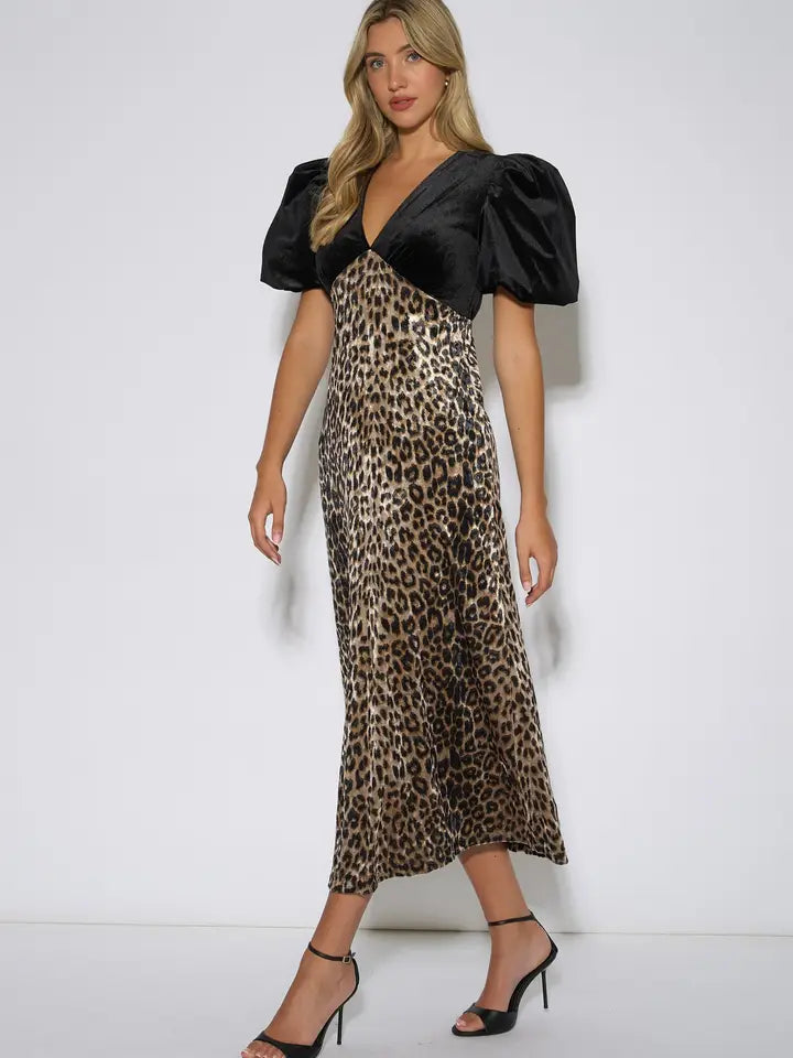 Black animal velvet contrast Midi dress